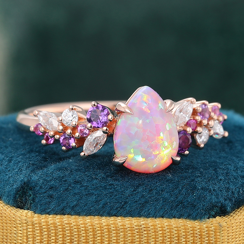 Juyoyo Pear Shaped Pink Opal Engagement Ring Sapphire Amethyst Moissanite Accents Wedding Ring