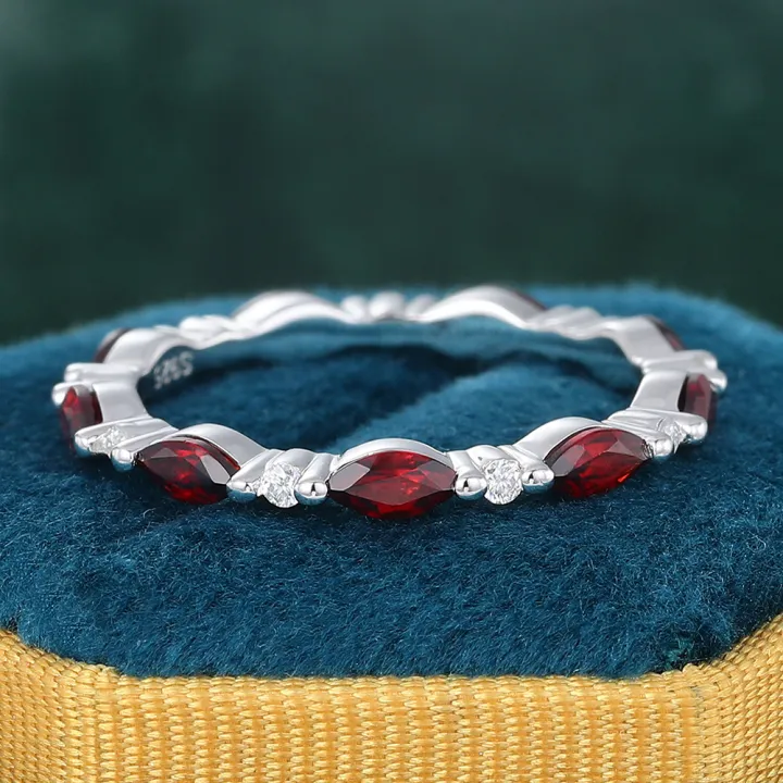 Juyoyo Marquise Cut Garnet White Gold Stacking Eternity Wedding Band