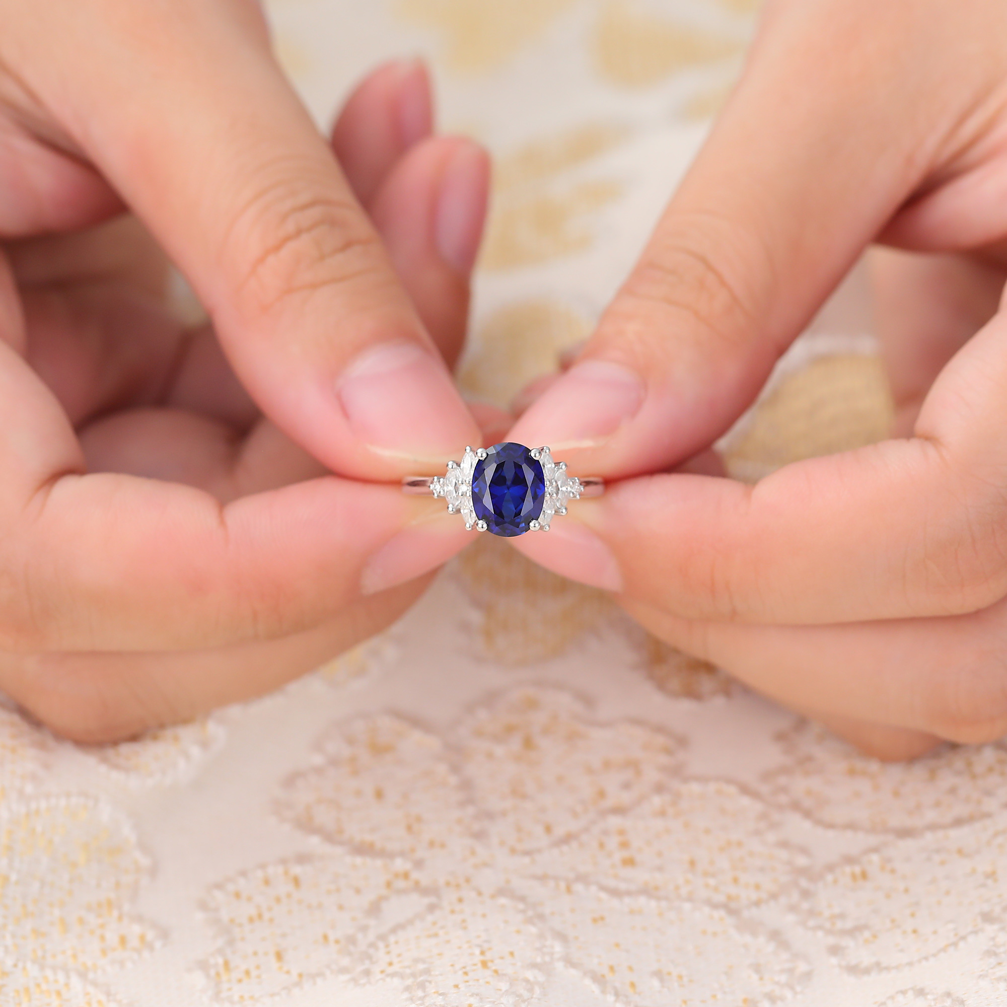 Juyoyo Oval Cut Lab Grown Sapphire Engagement Ring