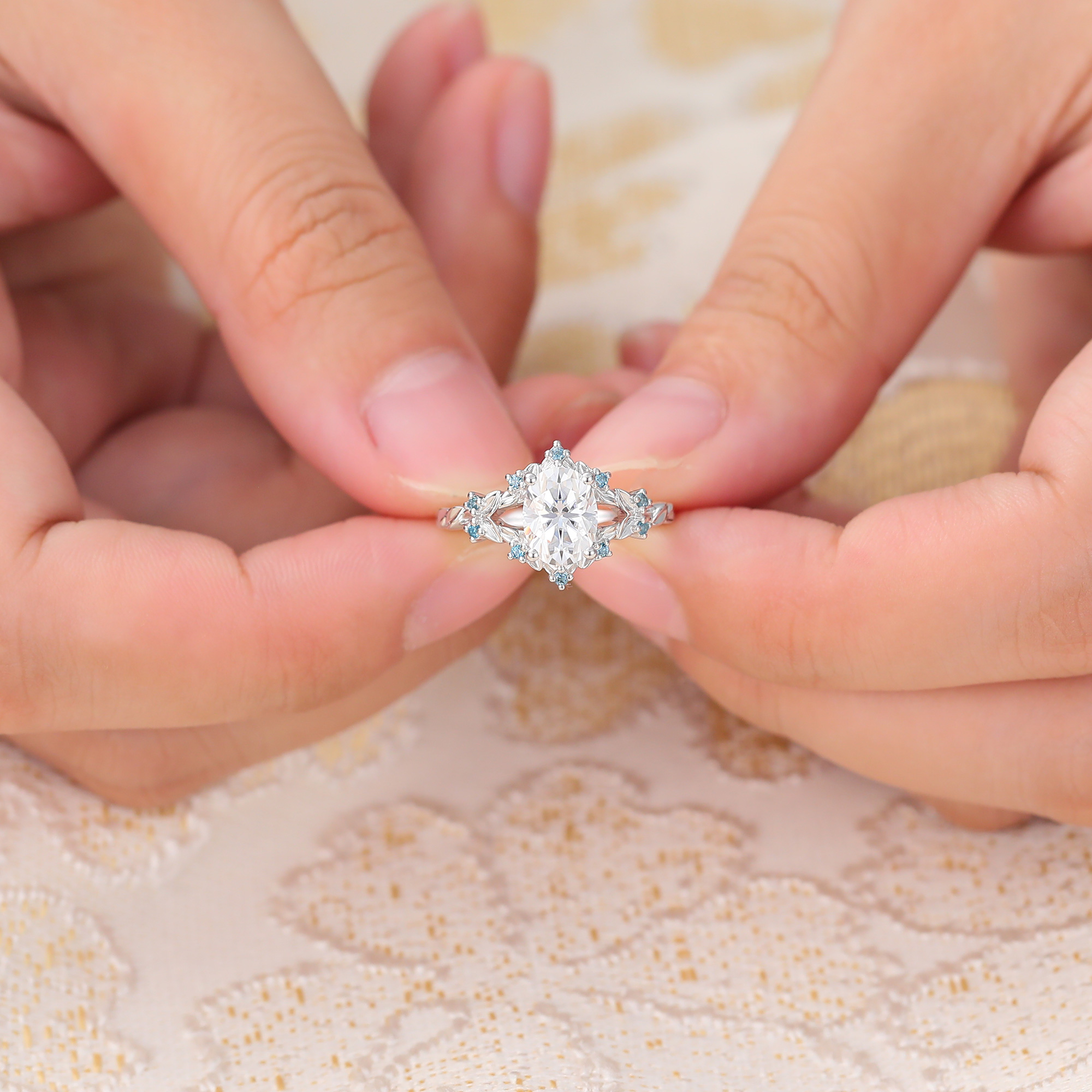 Juyoyo Oval Moissanite Engagement Ring Olive Leaves London Blue Topaz Accents Bridal Ring