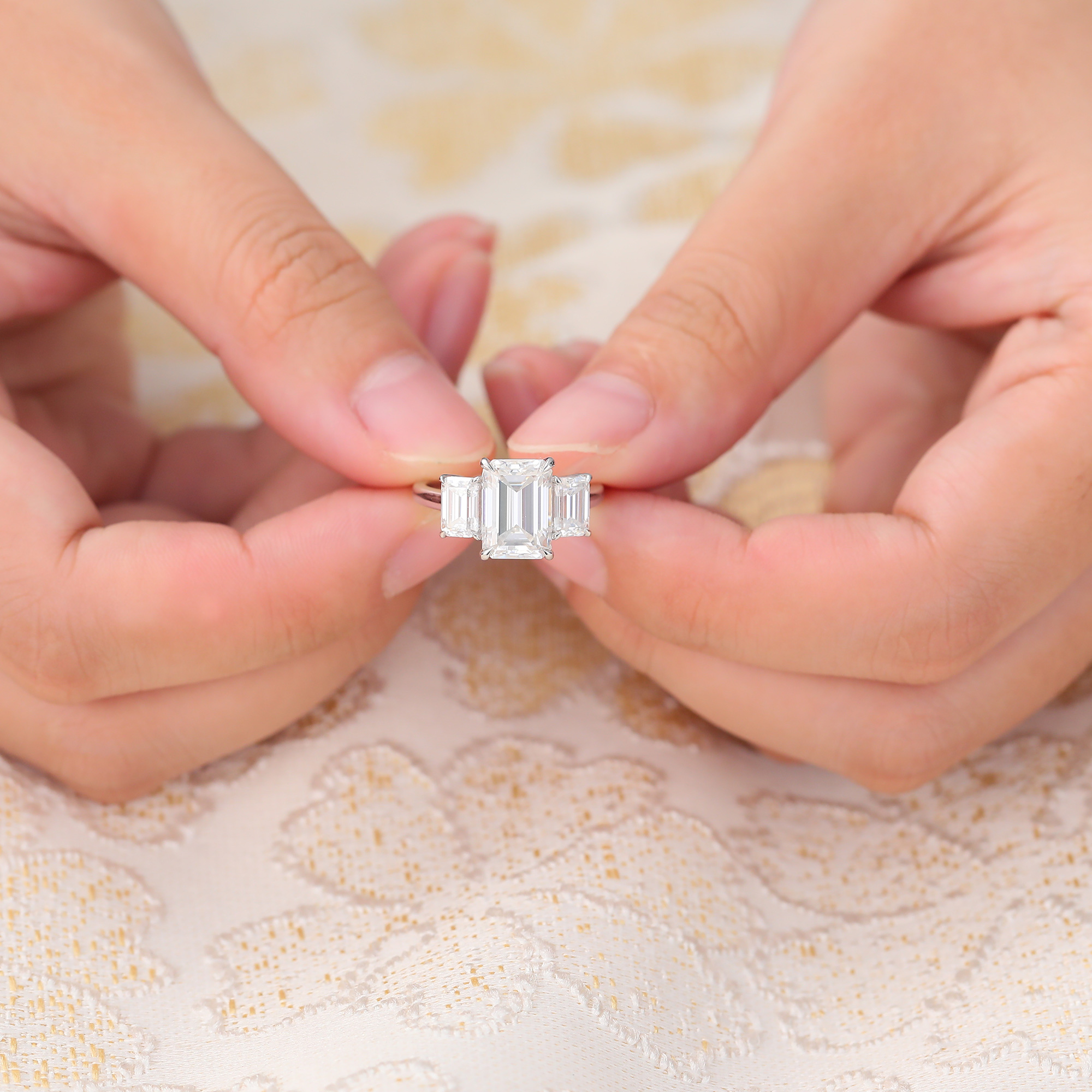 Juyoyo Emerald Cut Moissanite Three Stone Engagement Ring 14K White Gold Bridal Ring for Women