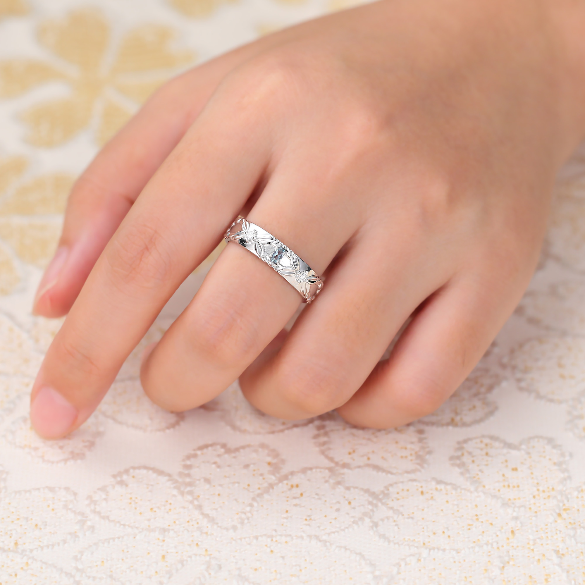 Juyoyo Verdure Alexandrite and Moissanite Wedding Band S925 Leaf Nature Inspired Stacking Ring