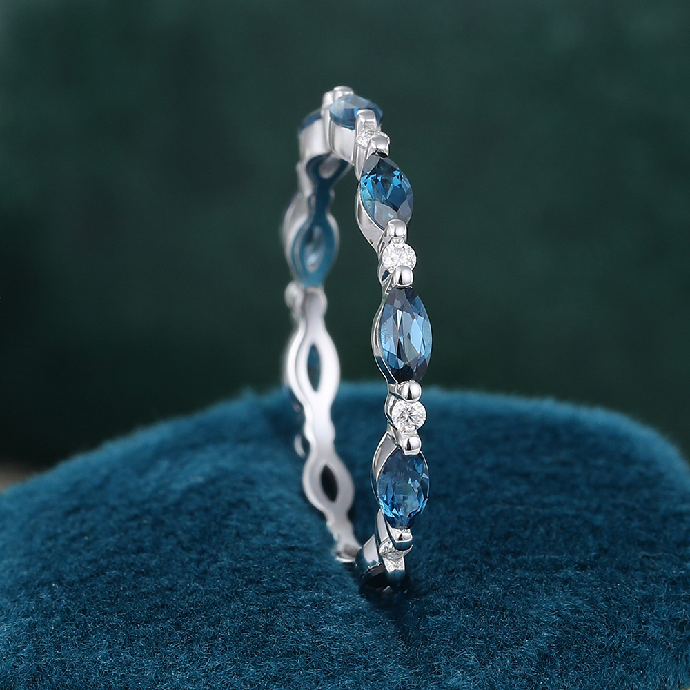 Juyoyo Marquise Cut London Blue Topaz White Gold Stacking Eternity Wedding Band