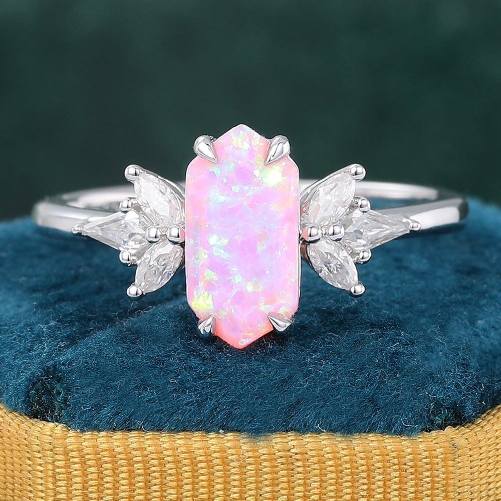 Juyoyo Long Hexagon Cut Pink Opal Engagement Ring Vintage Wedding Ring 14K White Gold