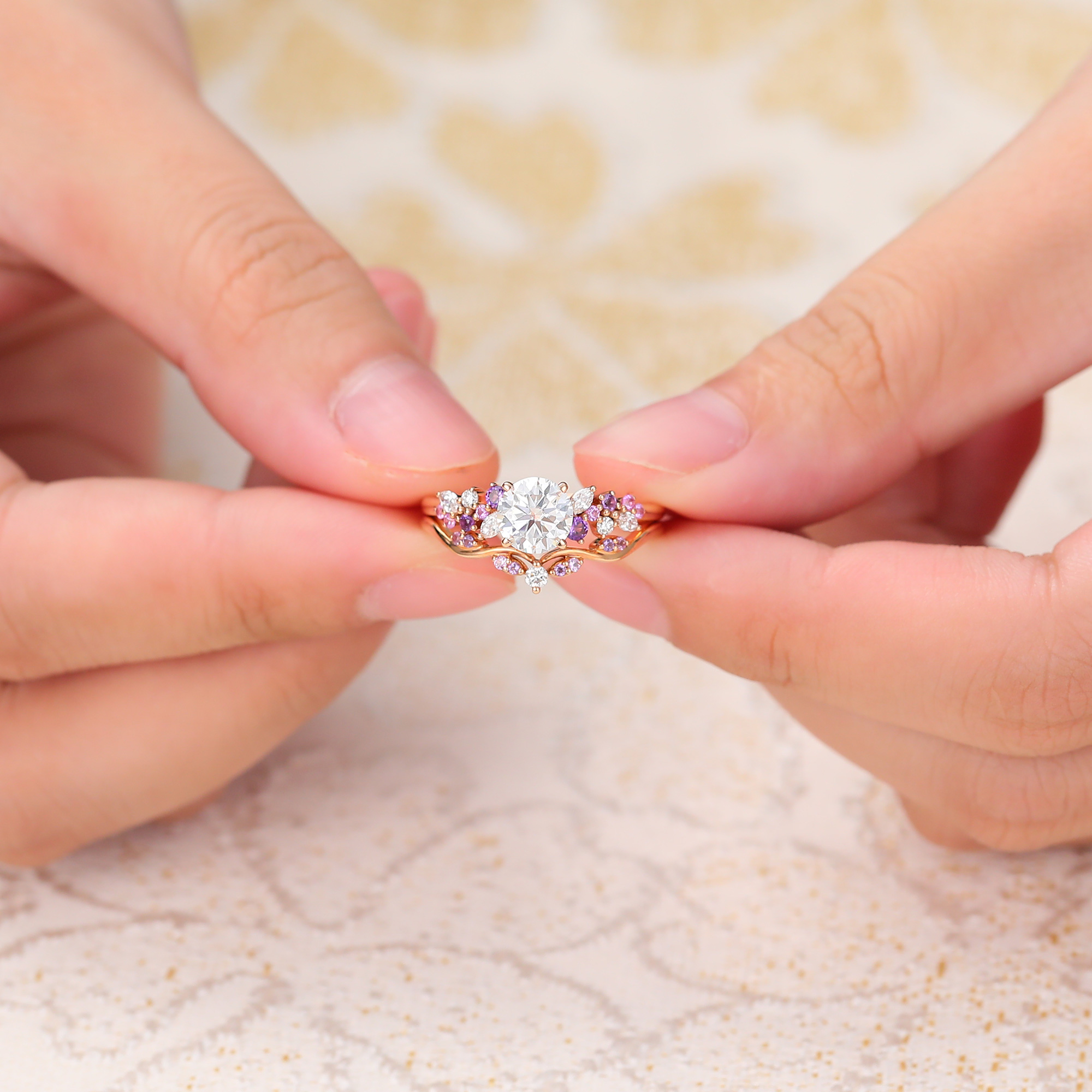 Juyoyo Vintage Moissanite Bridal Ring Set Rose Gold Amethyst Sapphire Cluster Wedding Ring Set - 2pcs