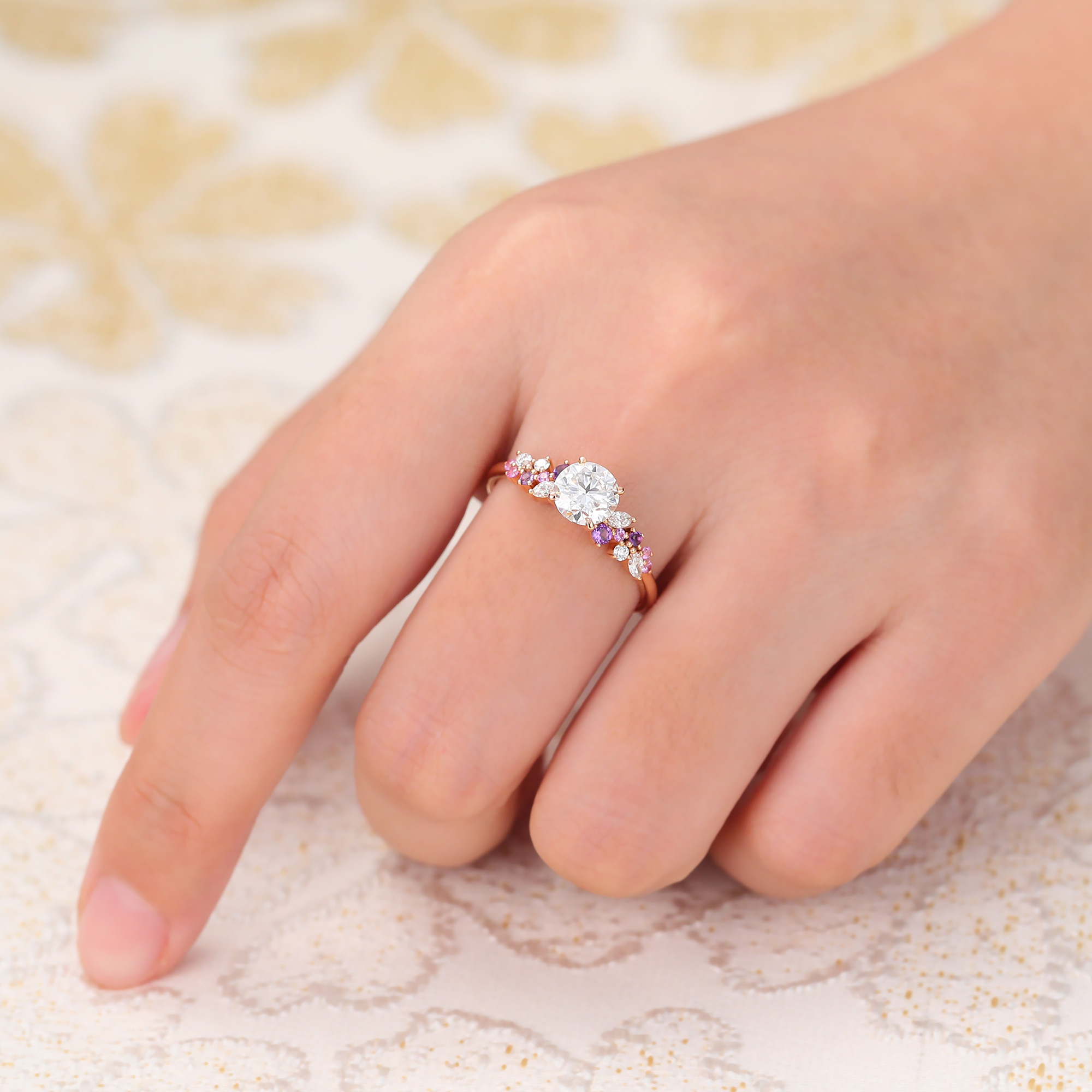 Juyoyo Round Cut Moissanite Engagement Ring Rose Gold Amethyst Sapphire Cluster Bridal Ring