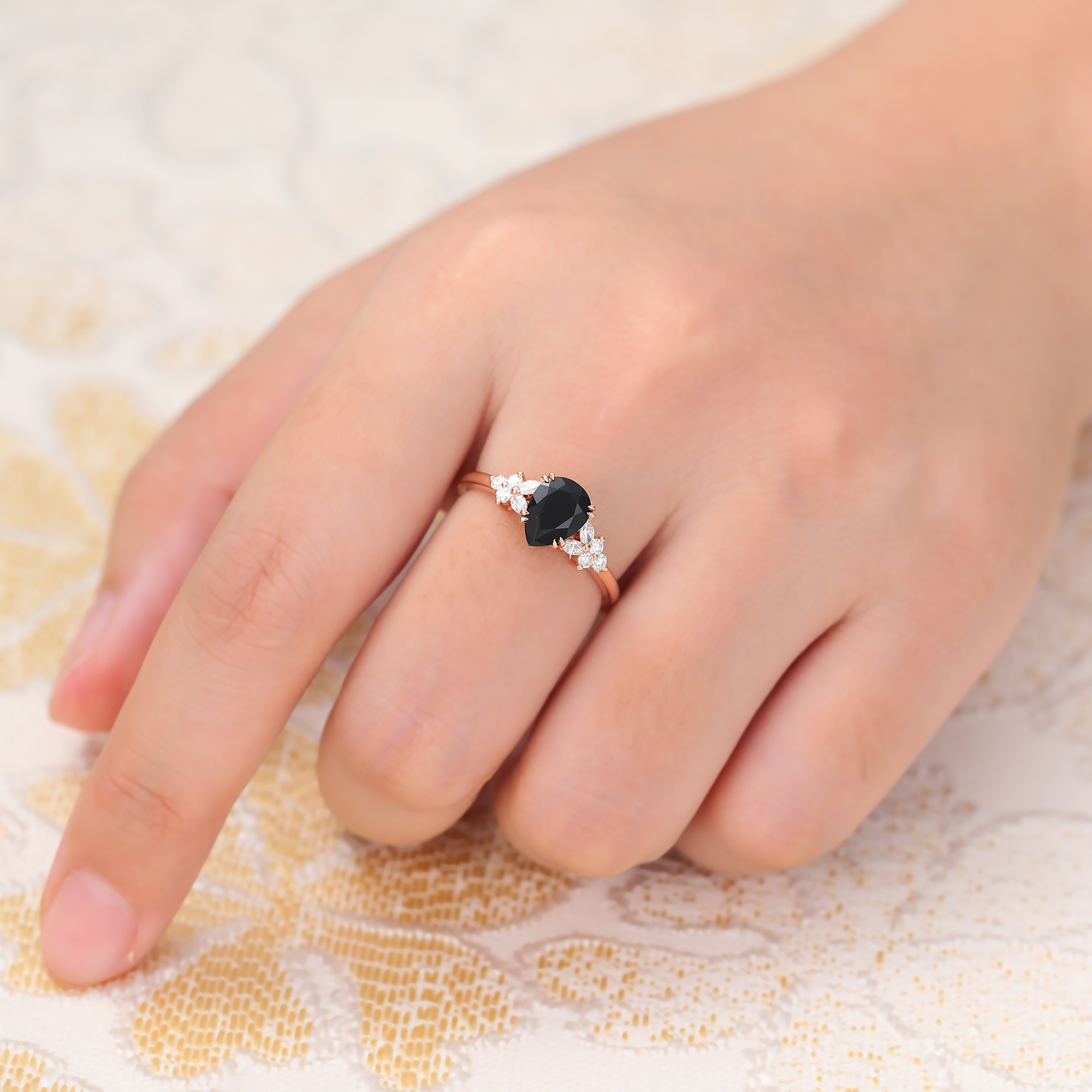 Pear Shaped Black Onyx Engagement Ring Cluster Bridal Ring
