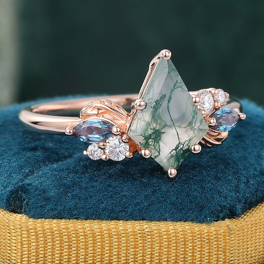 Juyoyo Natural Inspired Kite Moss Agate Engagement Ring with Alexandrite & Moissanite Accents