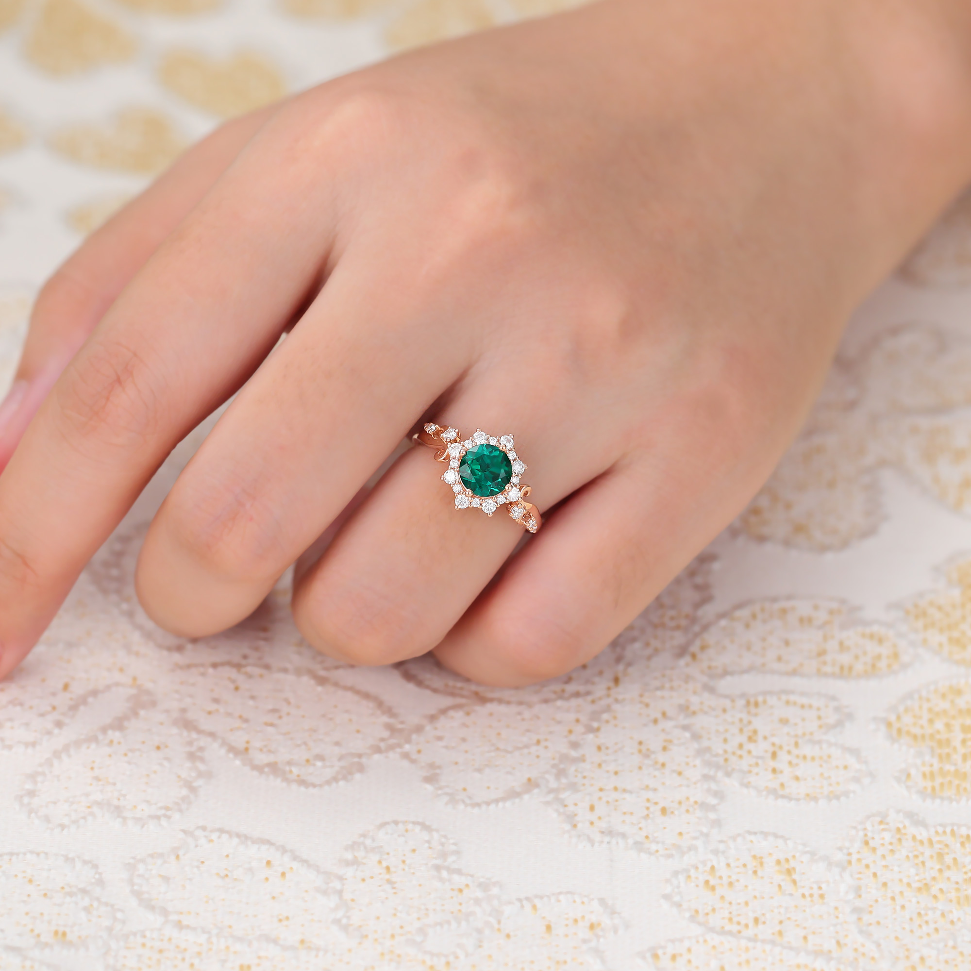 Round Cut Emerald Engagement Ring Halo Bridal Ring