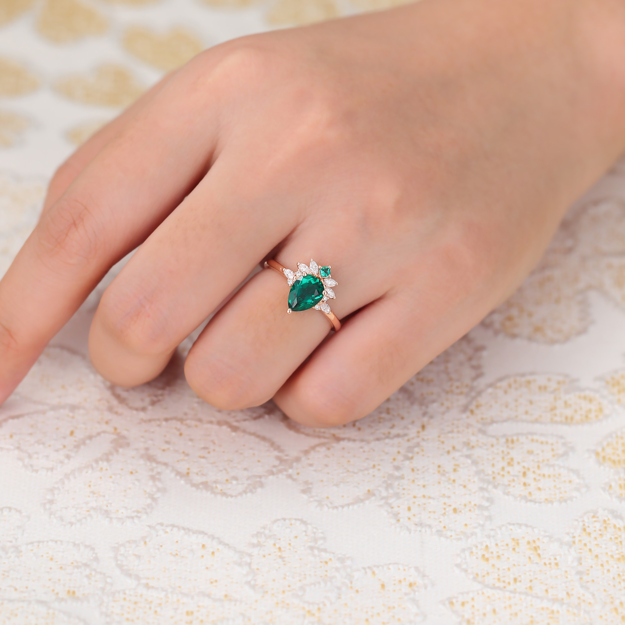 Pear Shaped Lab Emerald Engagement Ring Vintage Bridal Ring