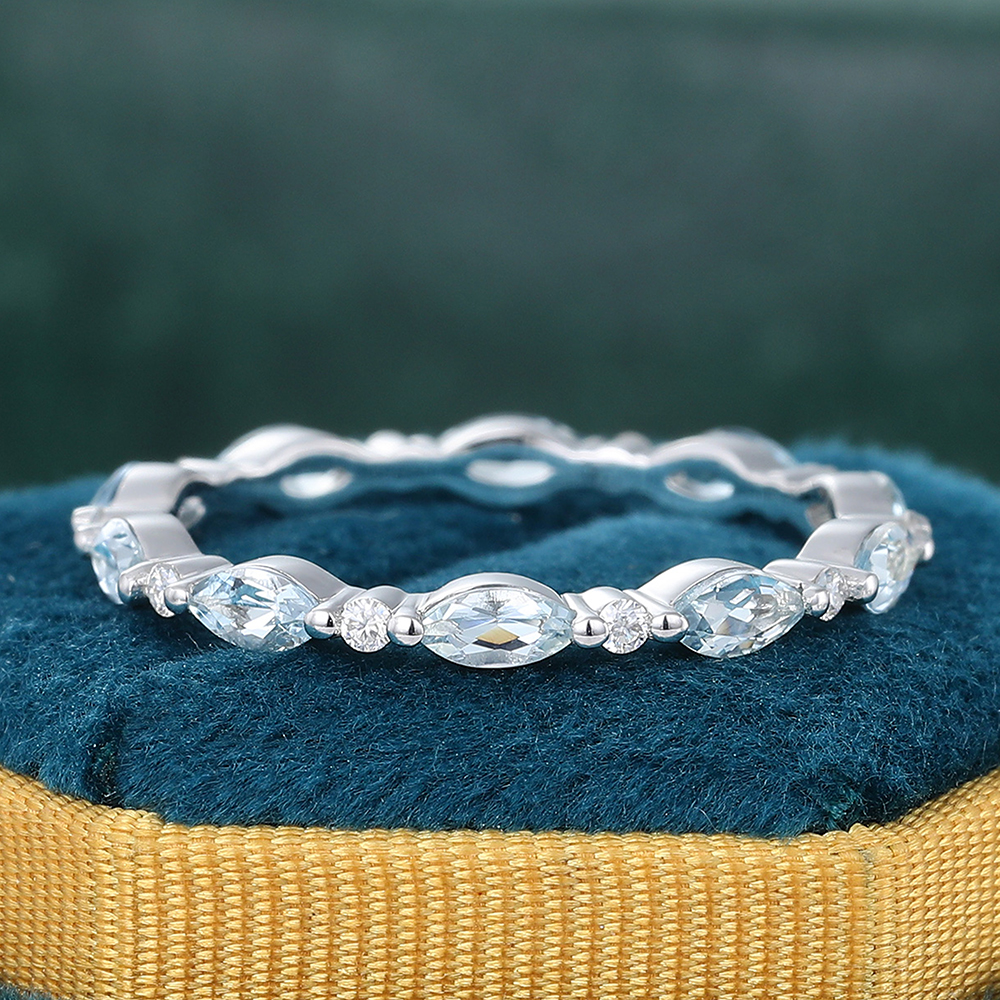 Juyoyo Marquise Aquamarine Ring Rose Gold Eternity Wedding Band