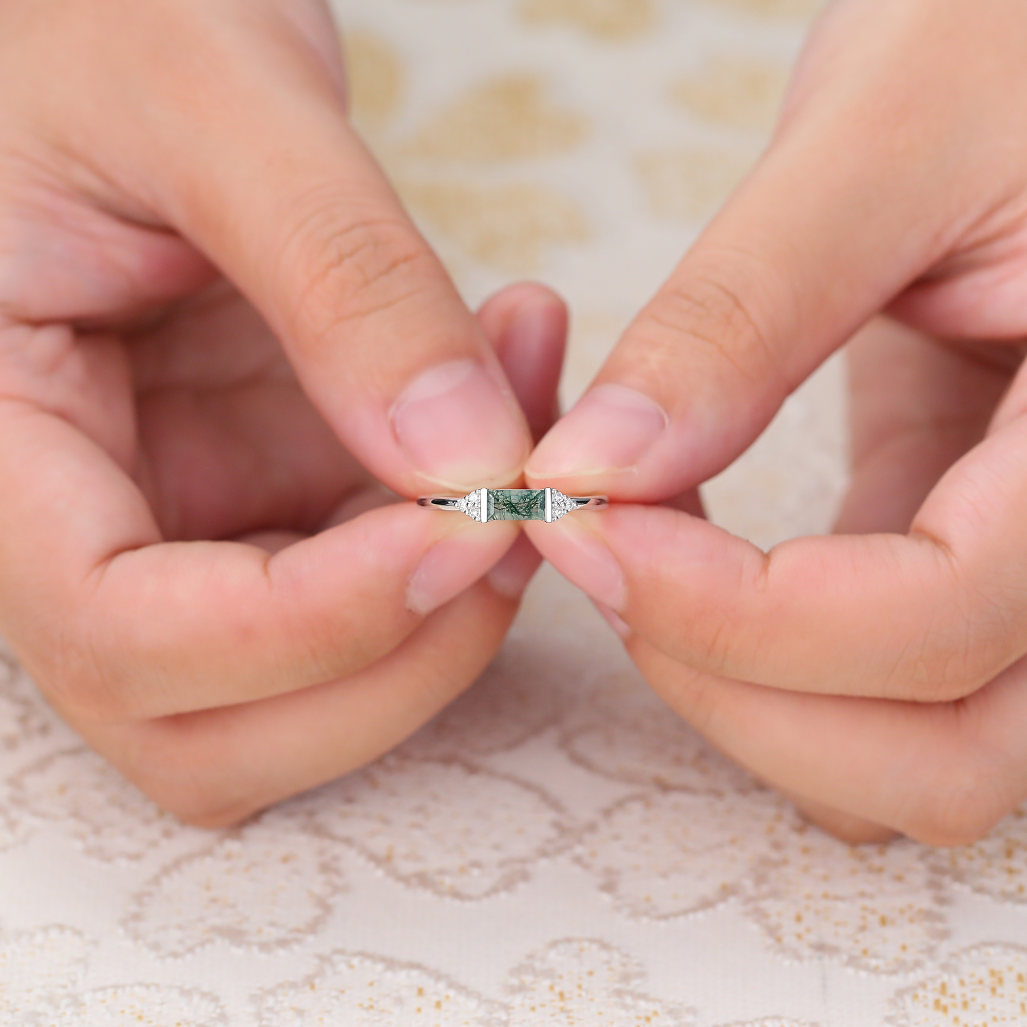 Minimalist Baguette Cut Moss Agate East-West Set Engagement Ring with Diamond Accents