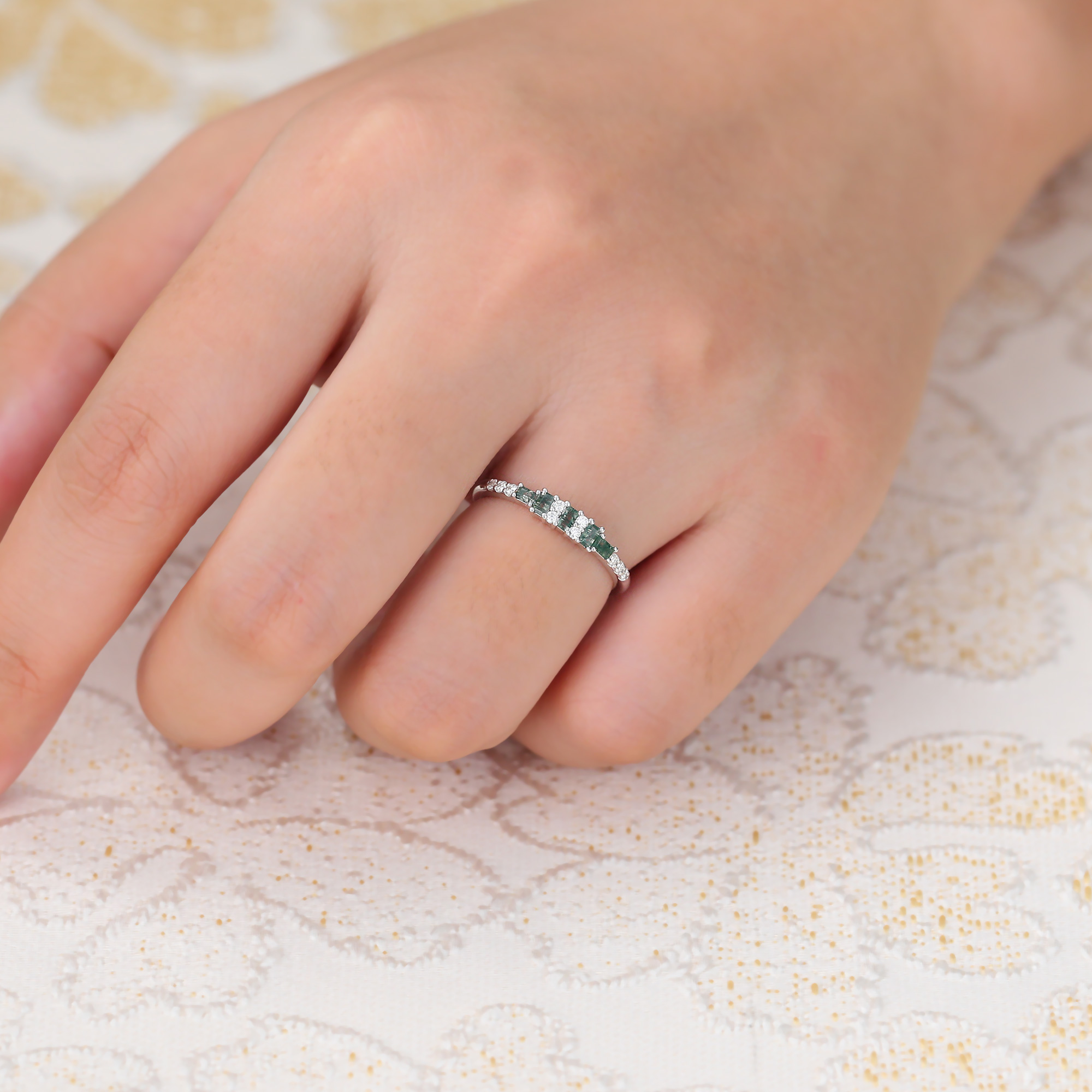 Minimalist Moss Agate and Diamond Wedding Ring Stacking Ring In 925 Sterling Silver