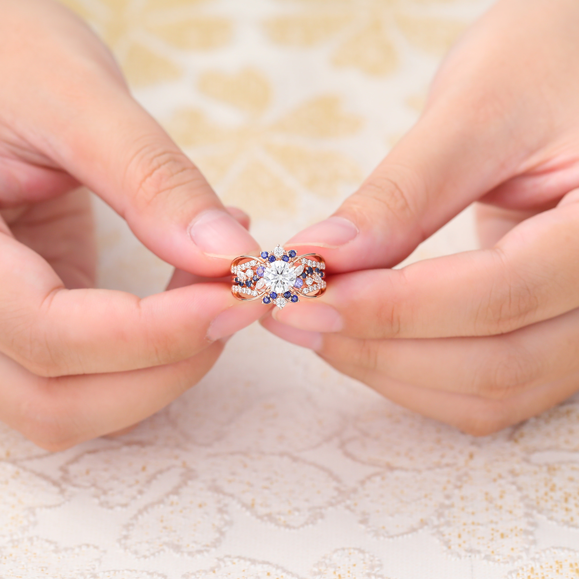 Juyoyo Round Cut Moissanite Bridal Ring Set Unique Crown Double Bands Vintage Engagement Ring