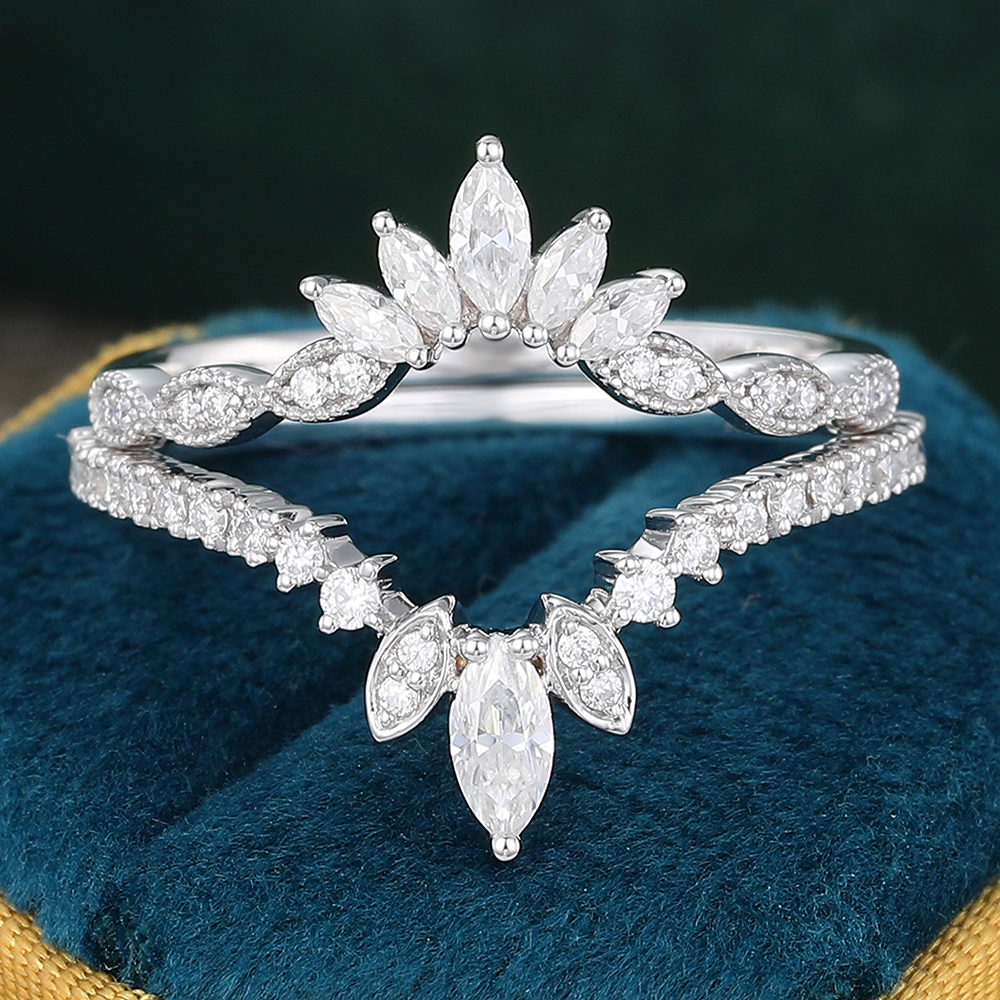 Juyoyo Unique Moissanite Double Curved Wedding Band Anniversary Stacking Ring for Women - 2pcs