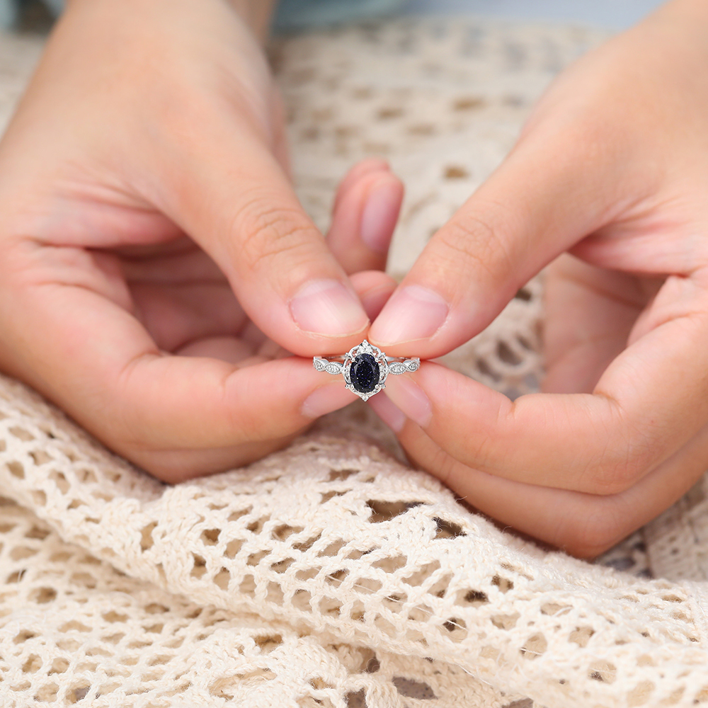 Oval Blue Sand Stone Ring Vintage Bridal Ring