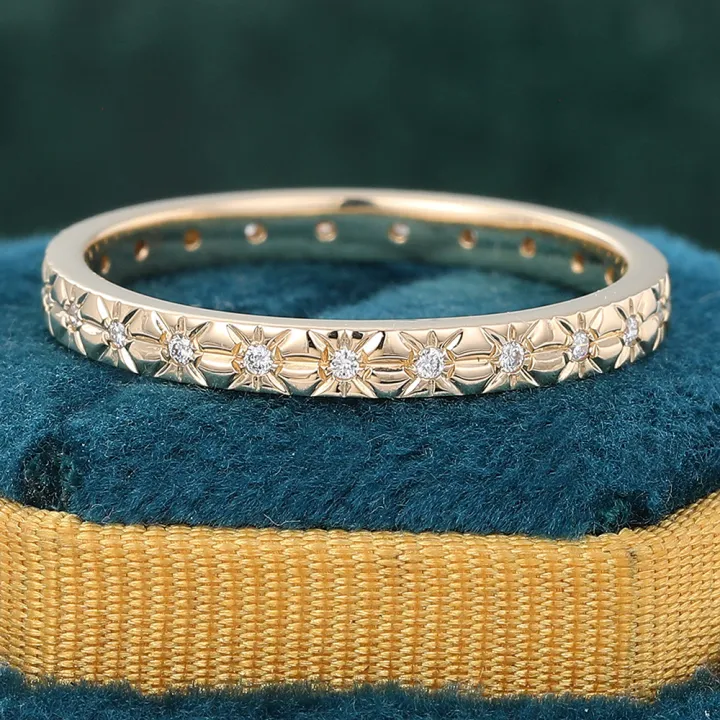 Round Moissanite Eternity Wedding Band Unique Stackable Band - 14K Yellow Gold