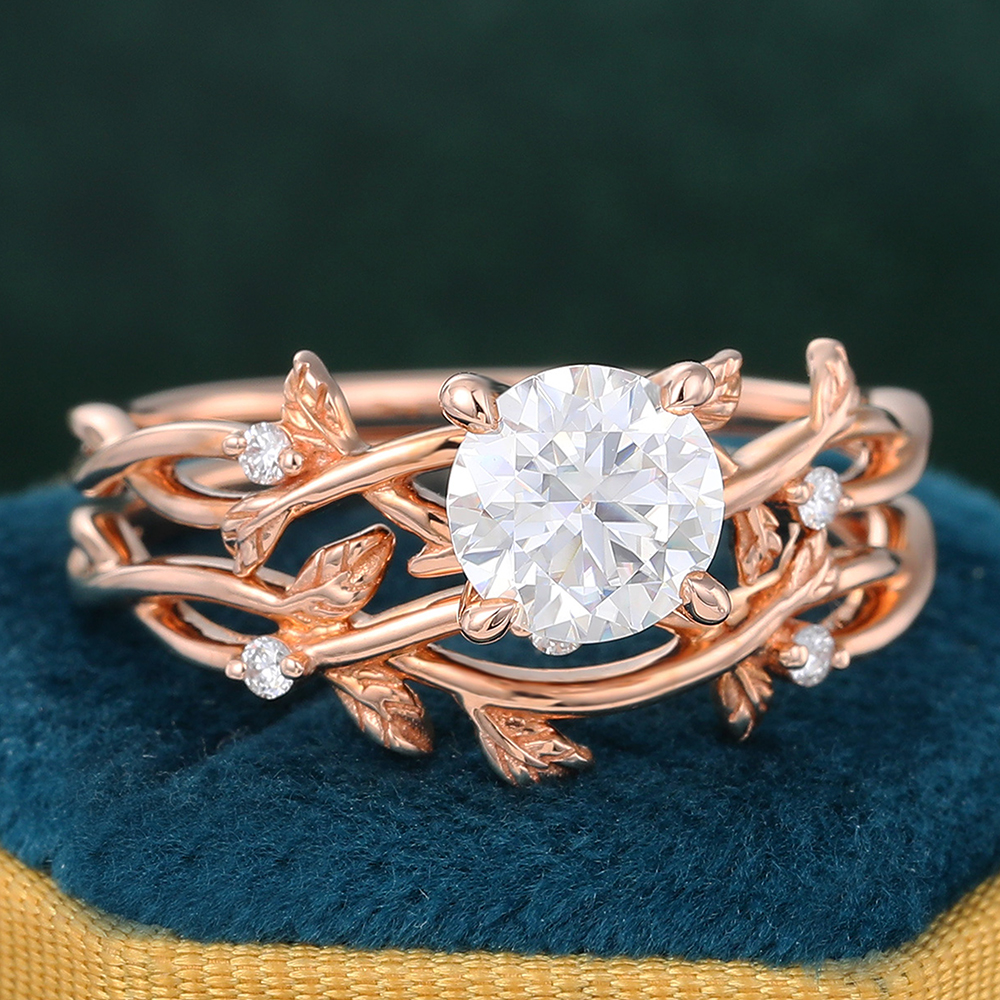 Juyoyo Nature Inspired Unique Round Cut Moissanite Leafy Bridal Ring Sets for Women - 2pcs