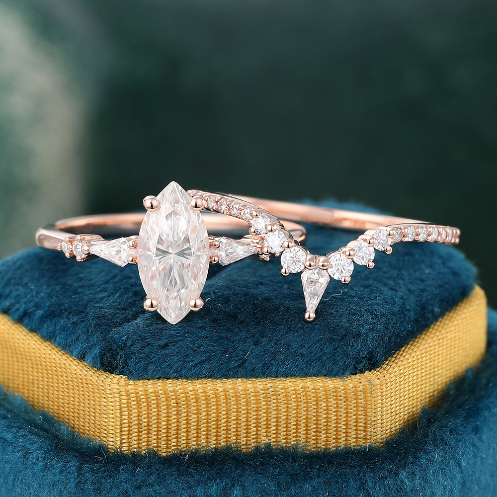 Juyoyo Marquise Cut Moissanite Ring Set with Pave Diamond Wedding Band Engagement Ring Set - 2pcs