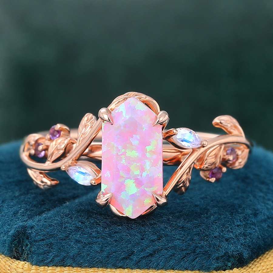 Elongated Hexagon Cut Pink Opal Engagement Ring Nature Inspired Bridal Ring Rose Gold