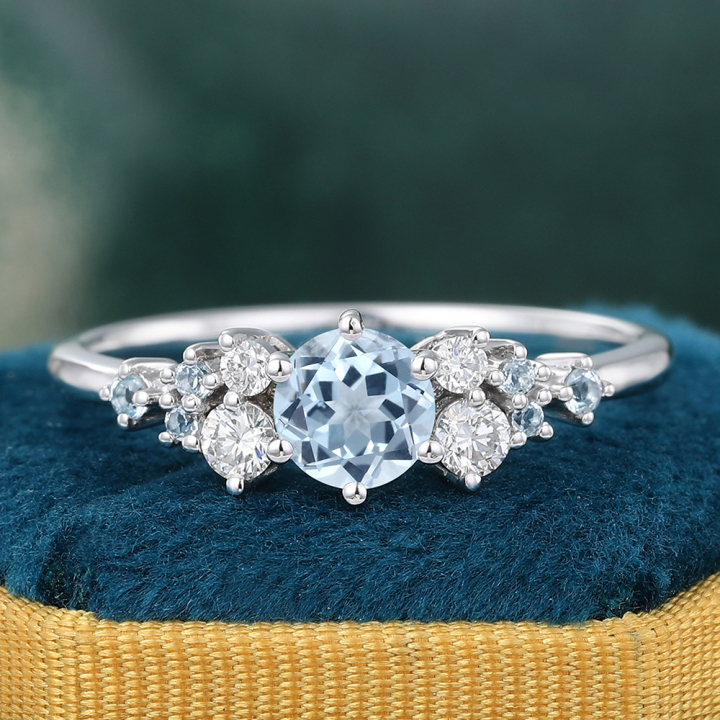 Round Aquamarine Engagement Ring with Diamond & Aquamarine Cluster Ring