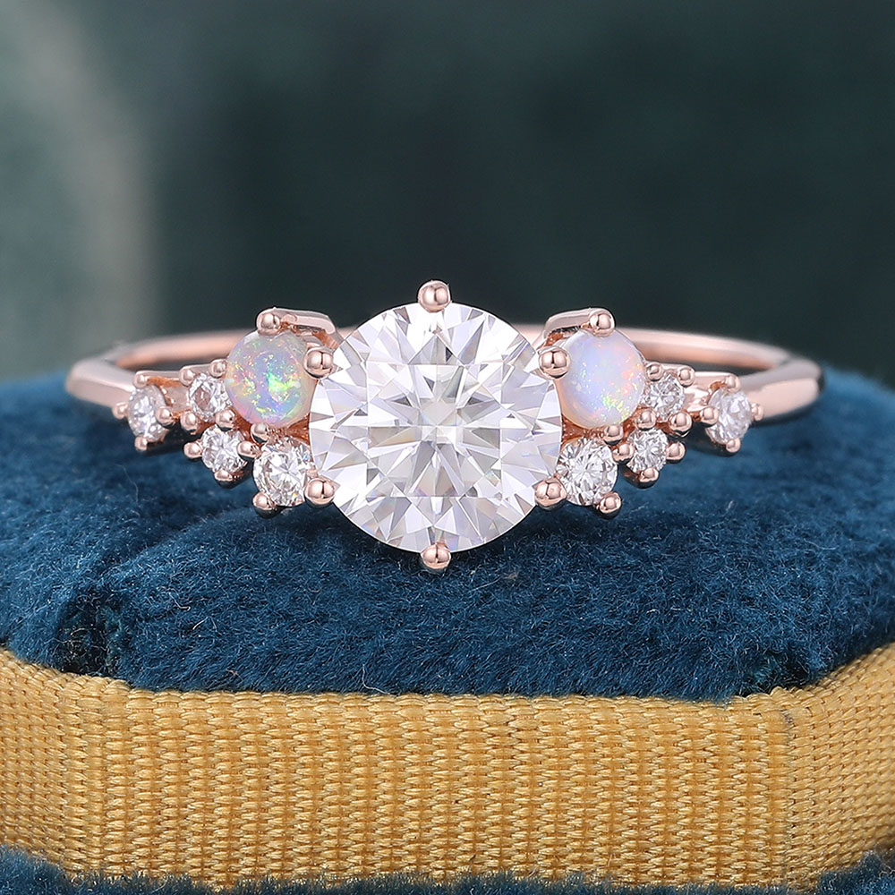 Juyoyo Round Moissanite and Opal Engagement Ring Vintage Cluster Bridal Ring - 14K Rose Gold