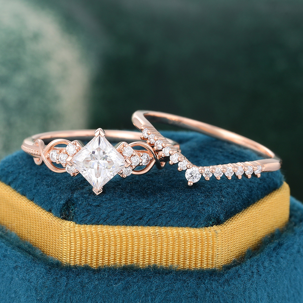 Juyoyo Princess Cut Moissanite Beaded Bridal Ring Set Diamond Cluster Infinity Ring Set - 2pcs