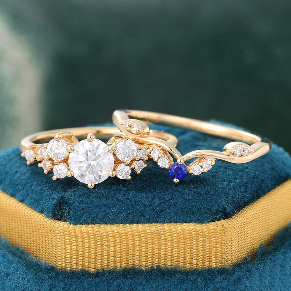Juyoyo Vintage Moissanite Bridal Ring Set 14K Yellow Gold Sapphire Engagement Ring Set - 2pcs