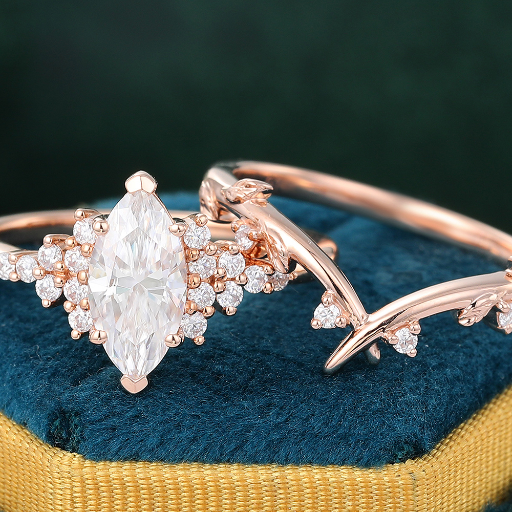 Juyoyo Marquise Cut Moissanite Bridal Ring Set Vintage Rose Gold Cluster Engagement Ring Set - 2pcs