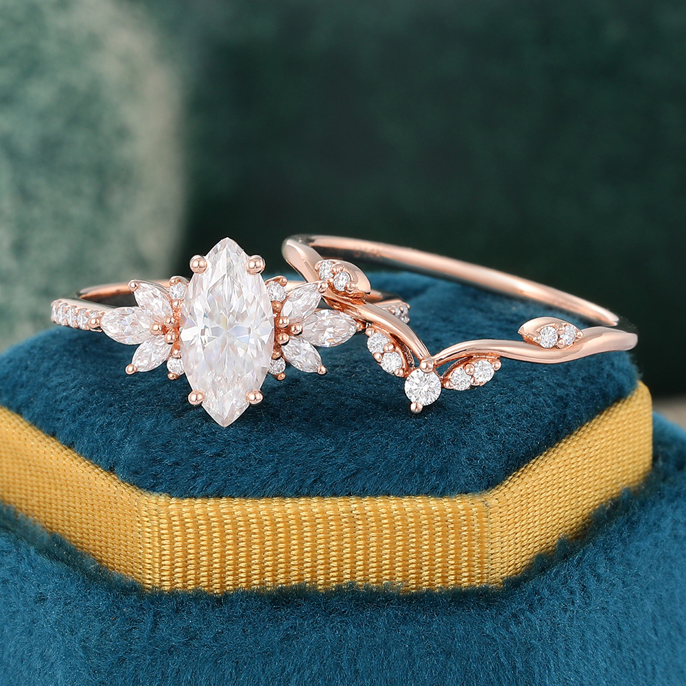 Juyoyo Marquise Cut Moissanite Wing Bridal Ring Set 14K Rose Gold Wedding Anniversary Ring - 2pcs