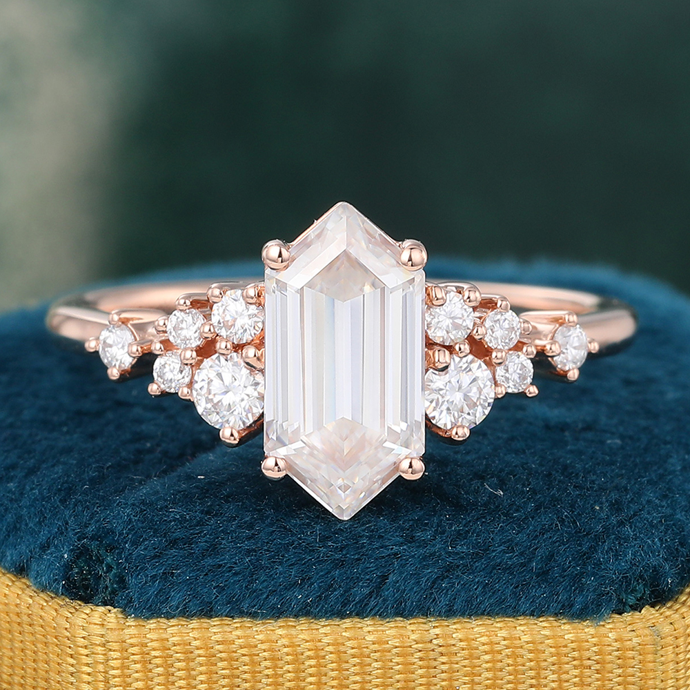 Juyoyo Long Hexagon Moissanite Engagement Ring with Diamonds Cluster Bridal Ring for Women