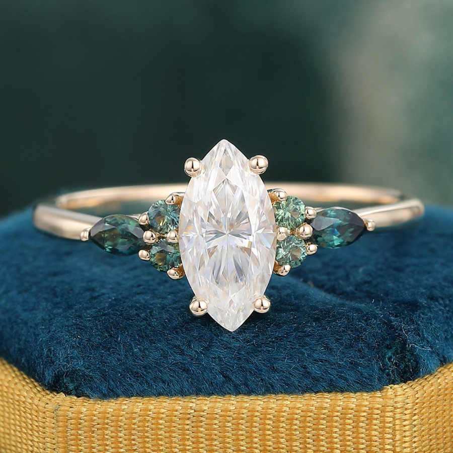 Marquise Cut Moissanite Engagement Ring with Green Blue Sapphire Cluster Bridal Ring for Women