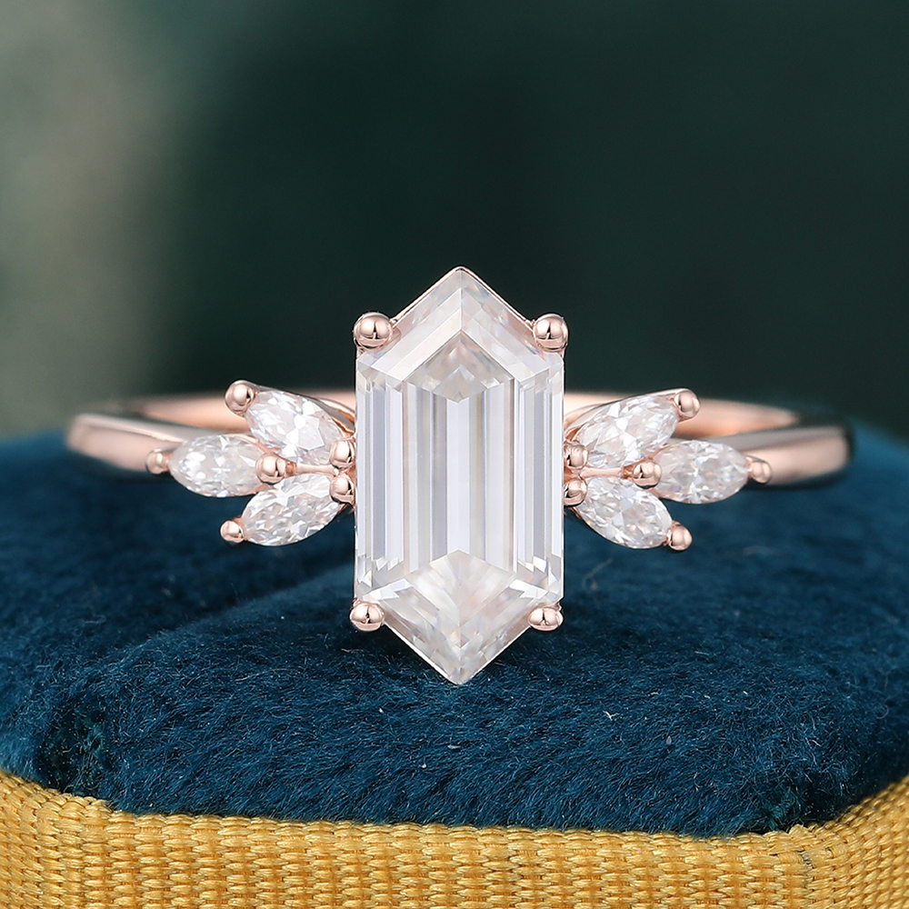 Juyoyo Elongated Hexagon Cut Moissanite Engagement Ring Rose Gold Bridal Ring for Women