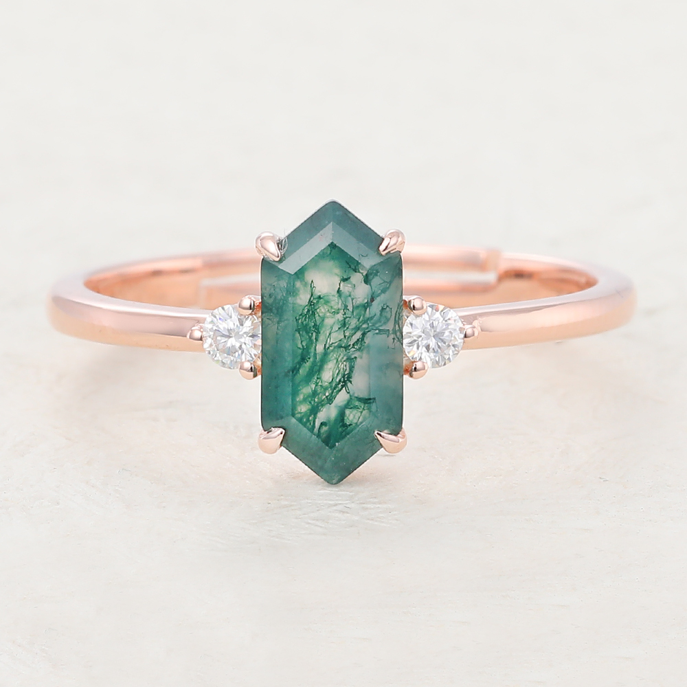 Juyoyo Hexagon Cut Moss Agate Ring With Moissanite