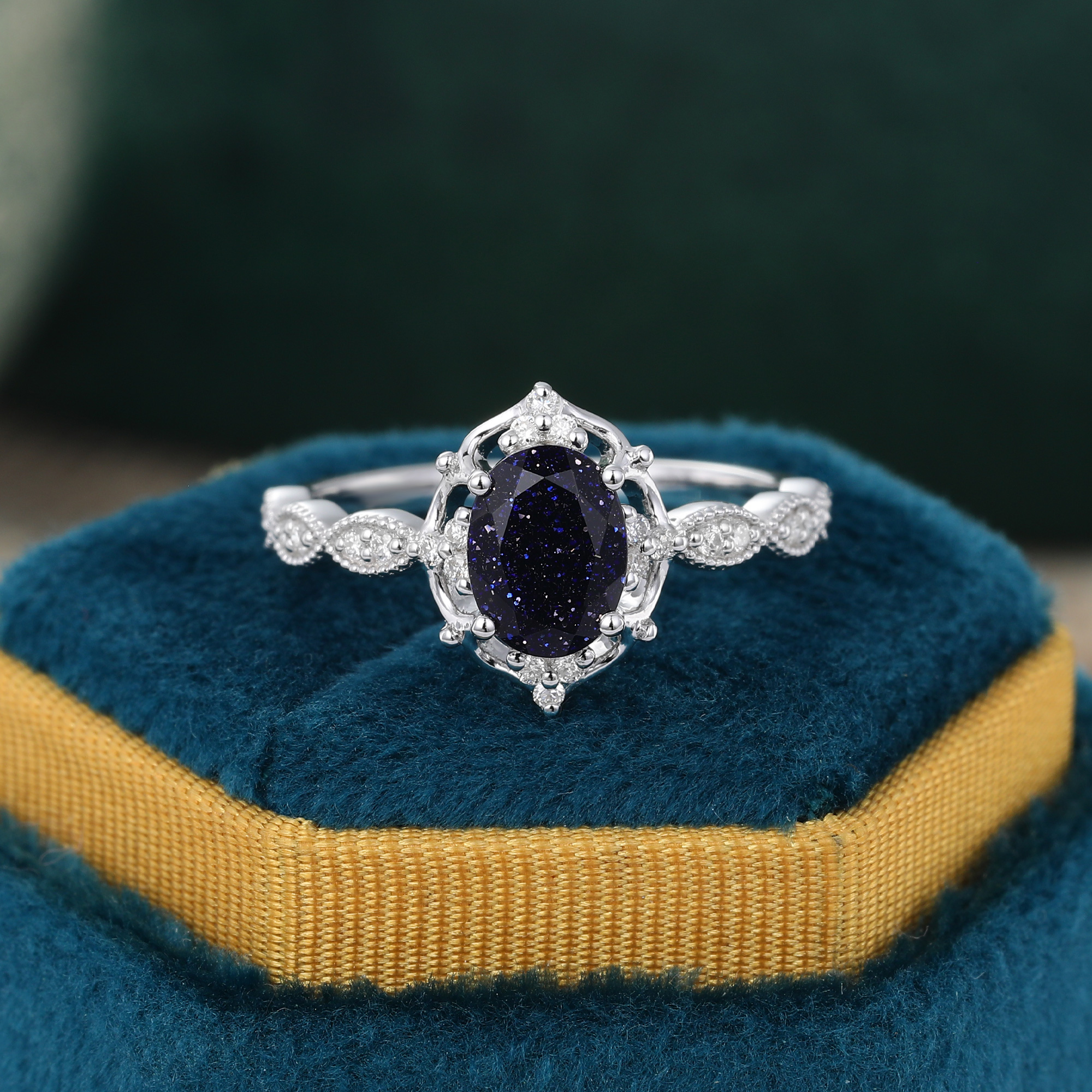 Blue Sand Stone Ring Vintage Bridal Ring Sterling Silver