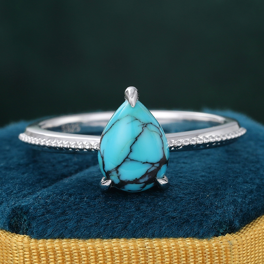 Pear Shaped Turquoise Solitaire Engagement Ring December Birthstone Ring for Women & Men