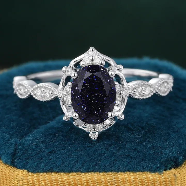 Vintage Oval Cut Blue SandStone Engagement Ring with Moissanite Sidestones Sterling Silver