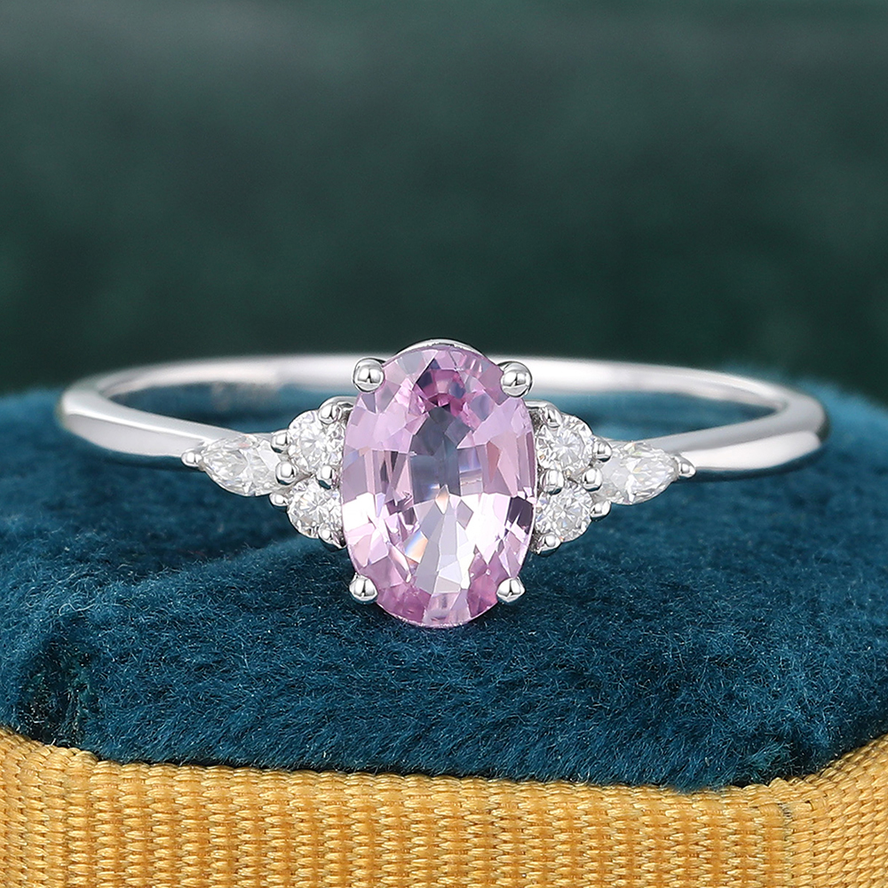 Juyoyo Oval Cut Pink Sapphire Engagement Ring Cluster Bridal Ring