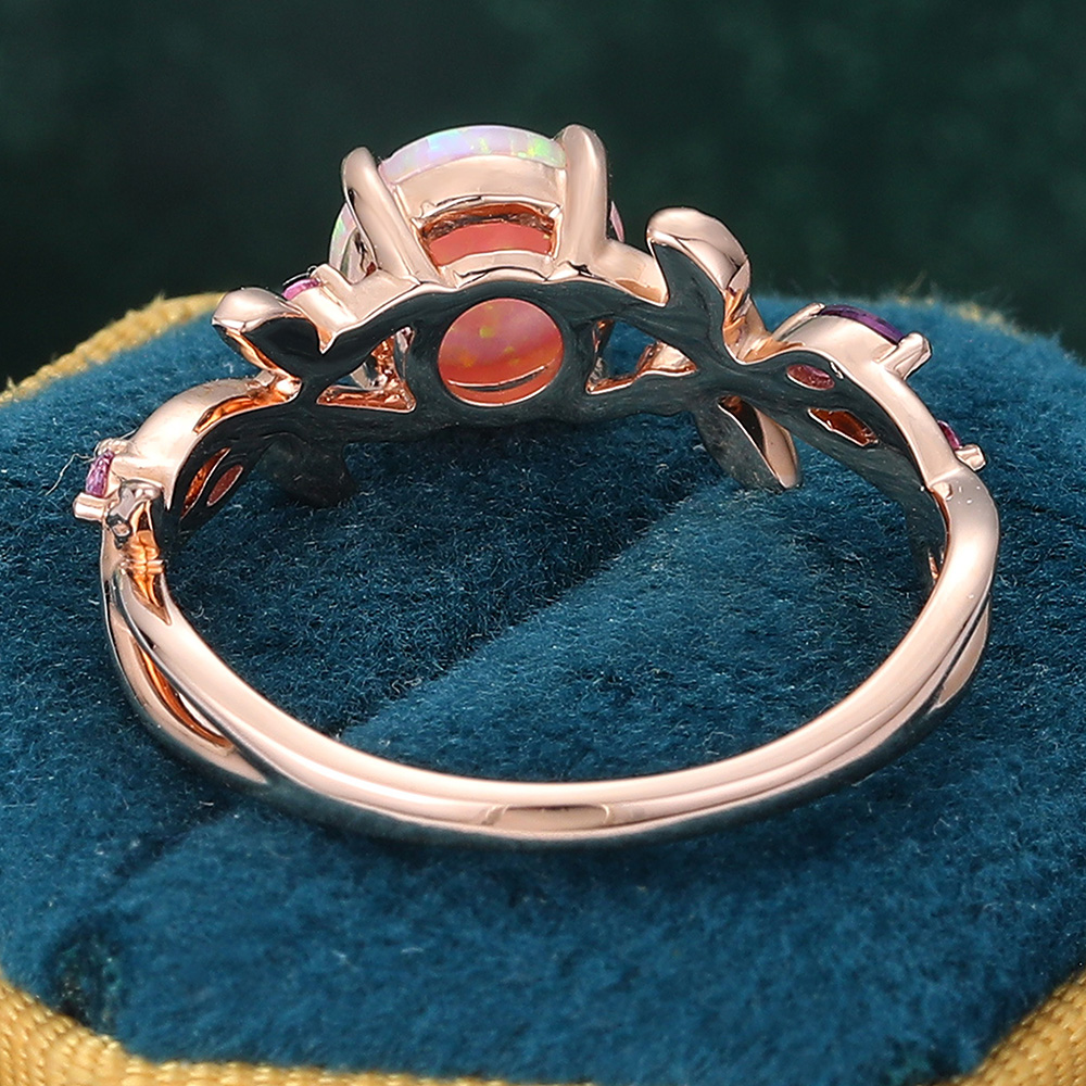 14K Rose Gold Pink Opal Engagement Ring Amethyst Sapphire Ring