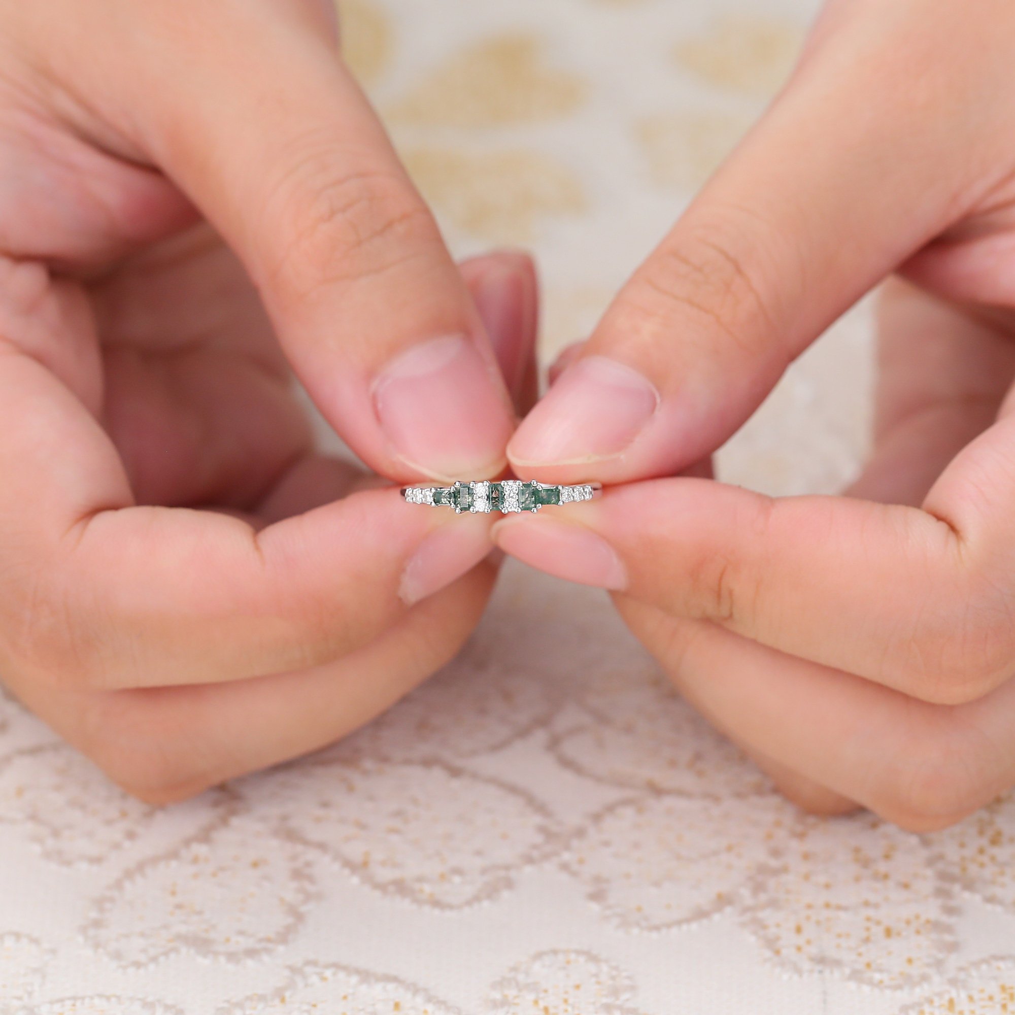 Minimalist Moss Agate and Diamond Wedding Ring Stacking Ring In 925 Sterling Silver