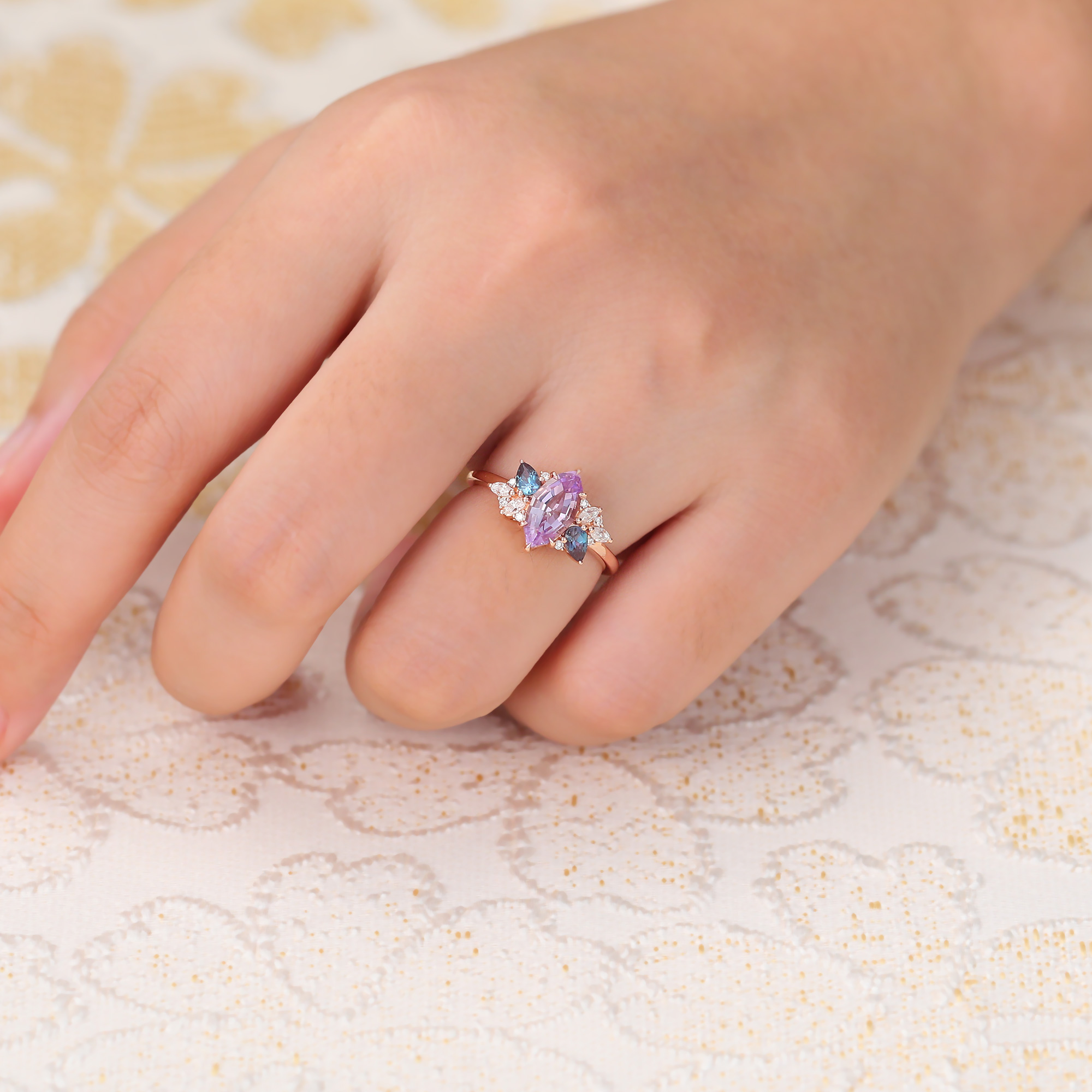 Juyoyo Vintage Marquise Cut Pink Sapphire Engagement Ring with Alexandrite & Moissanite Accents