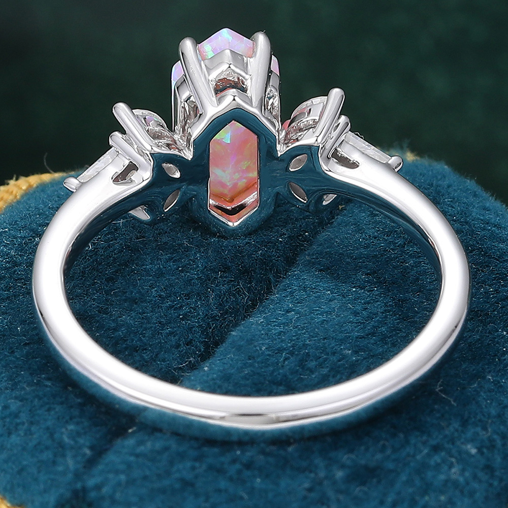 Juyoyo Long Hexagon Cut Pink Opal Engagement Ring Vintage Wedding Ring 14K White Gold