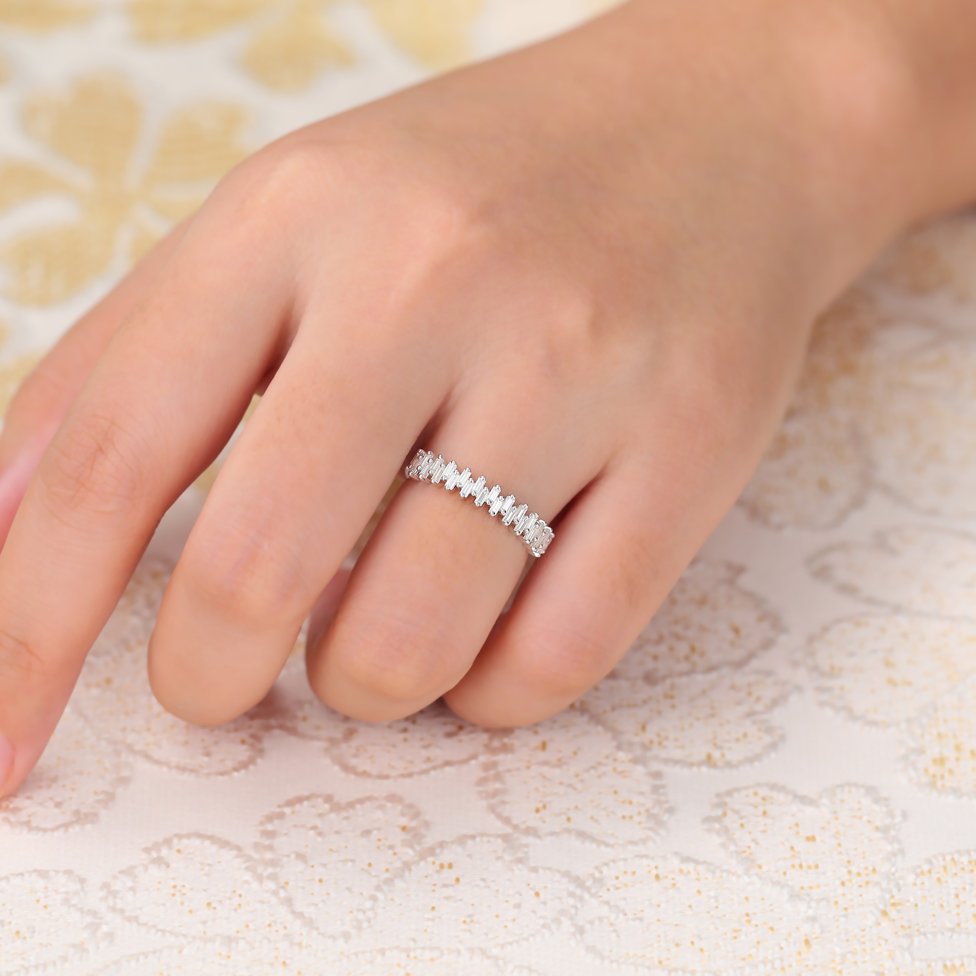 Juyoyo Baguette Cut Moissanite Wedding Band Unique Stacking Ring