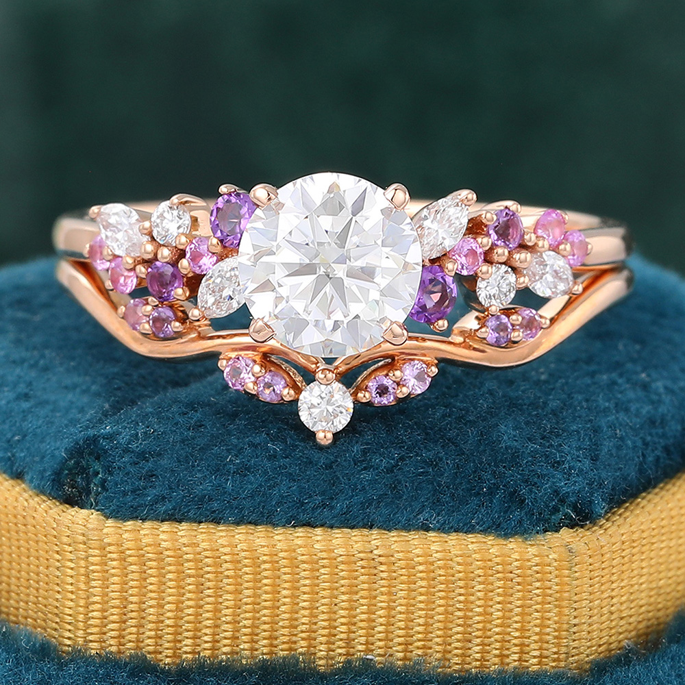 Juyoyo Vintage Moissanite Bridal Ring Set Rose Gold Amethyst Sapphire Cluster Wedding Ring Set - 2pcs