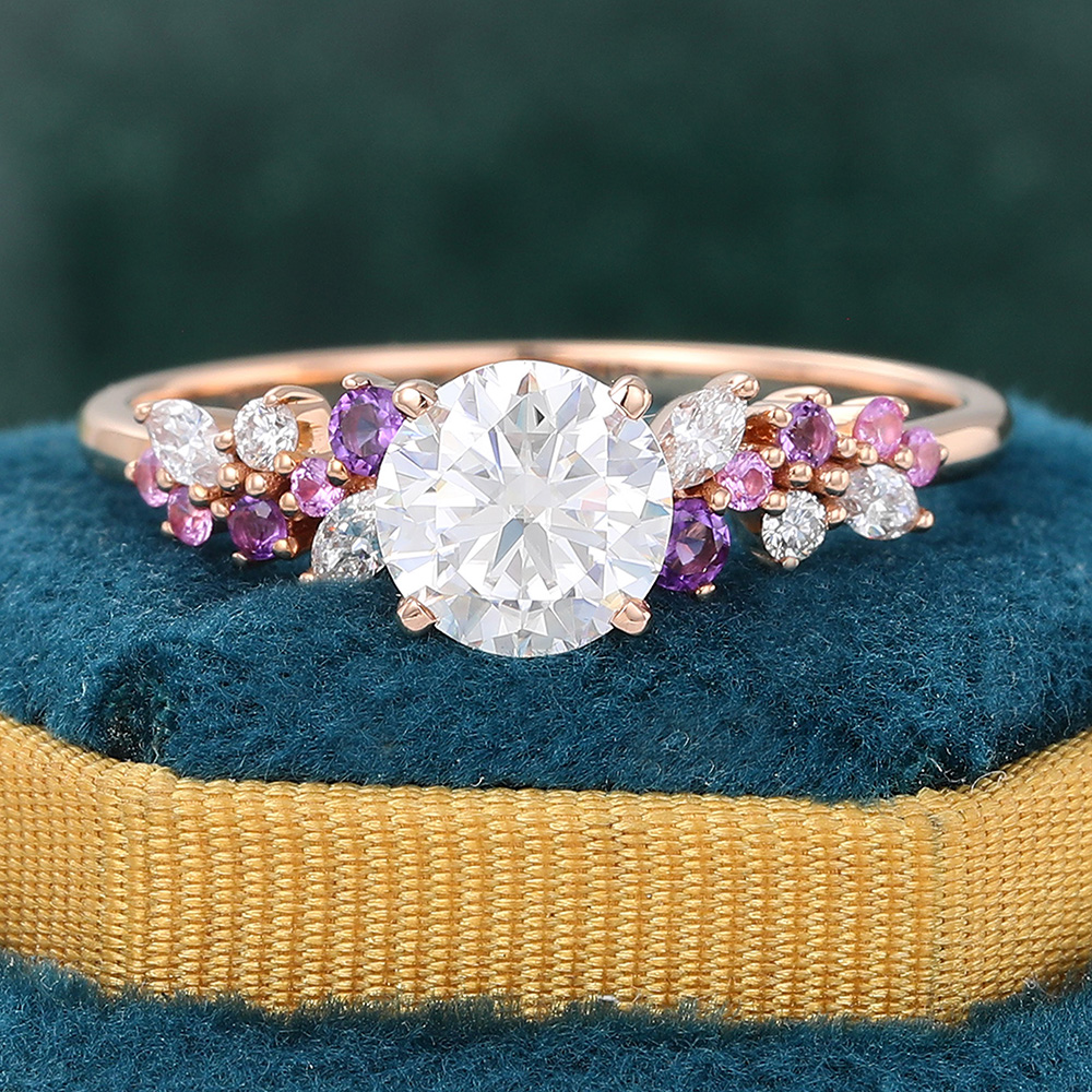 Juyoyo Round Cut Moissanite Engagement Ring Rose Gold Amethyst Sapphire Cluster Bridal Ring