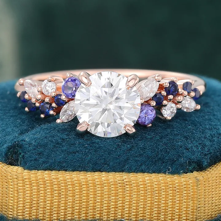 Round Cut Moissanite Engagement Ring Diamond Tanzanite Sapphire Cluster Ring Rose Gold