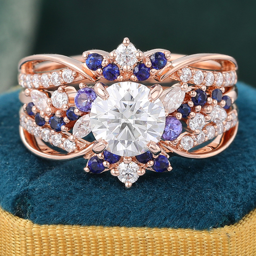 Round Cut Moissanite Bridal Ring Set Unique Crown Double Bands Vintage Engagement Ring