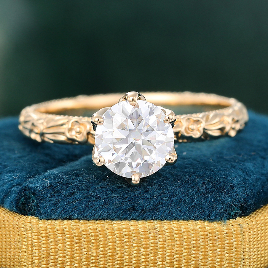 Round Cut Moissanite Solitaire Engagement Ring Yellow Gold Floral Engraved Ring for Women