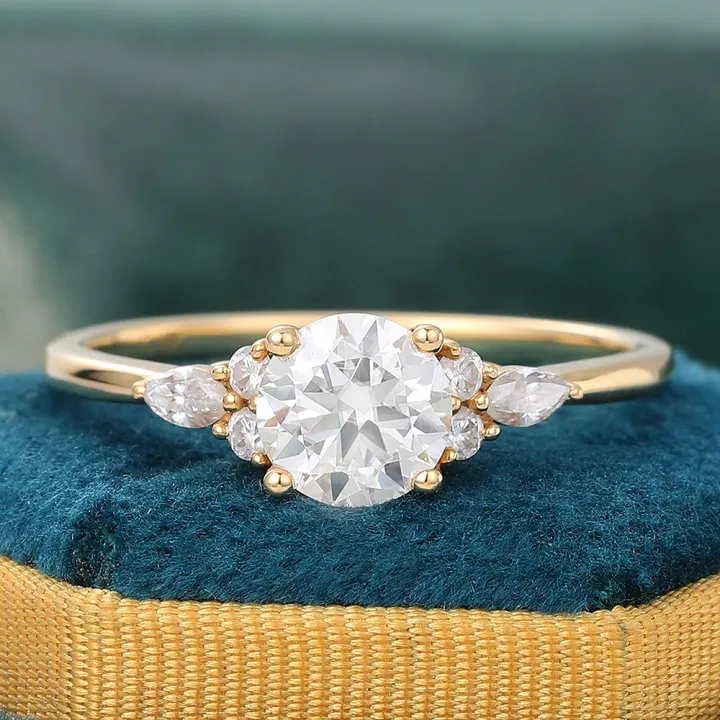 Round Cut Moissanite Engagement Ring Vintage Cluster Wedding Ring in 14K Yellow Gold