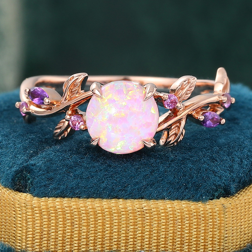 Juyoyo Round Cut Lab Pink Opal Engagement Ring Nature-Inspirede Bridal Ring